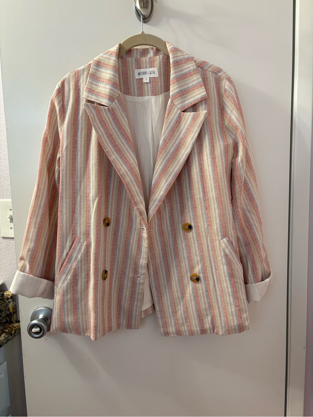 White room + Cactus Pastel Striped Double-Breasted Blazer - Pink & Cream EUC (S)